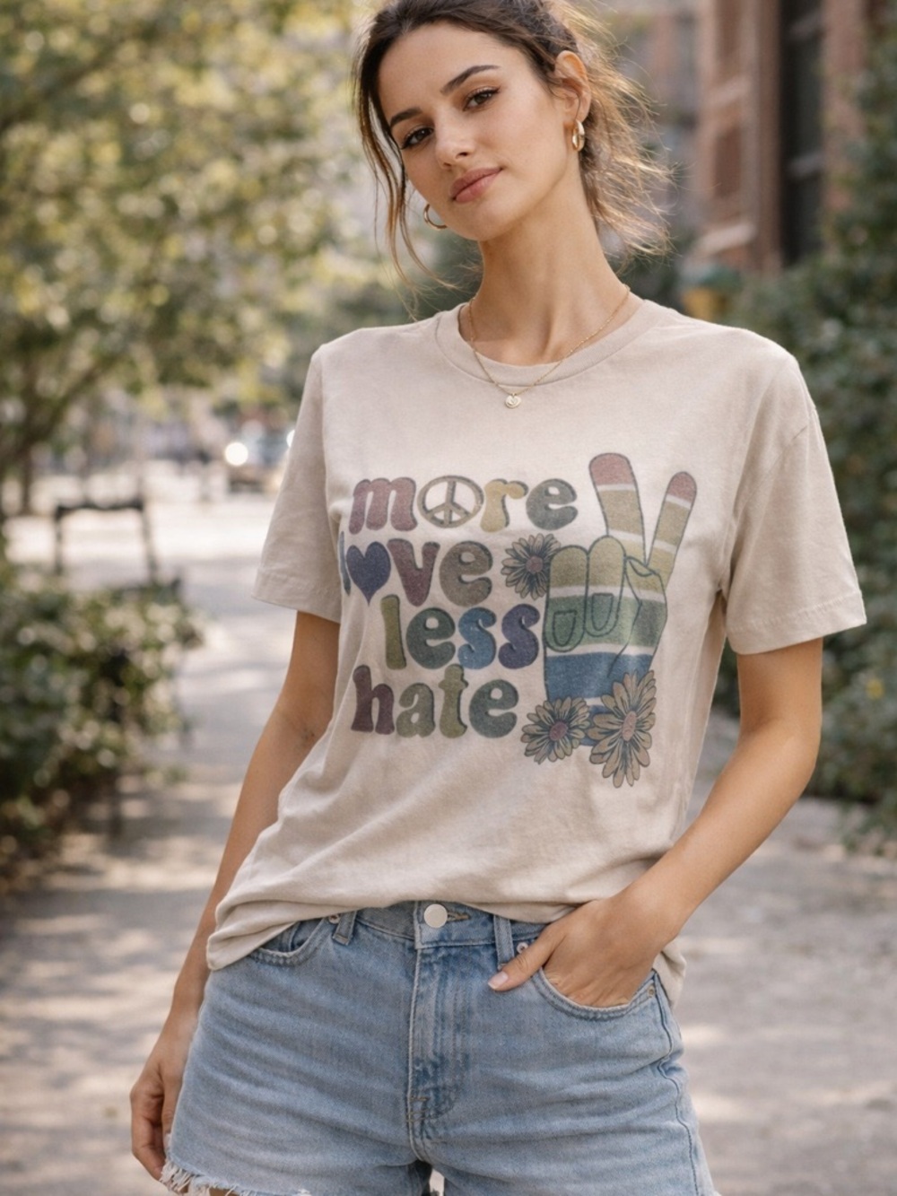 More Love Less Hate Graphic Tee Peace Sign Retro Boho T-Shirt